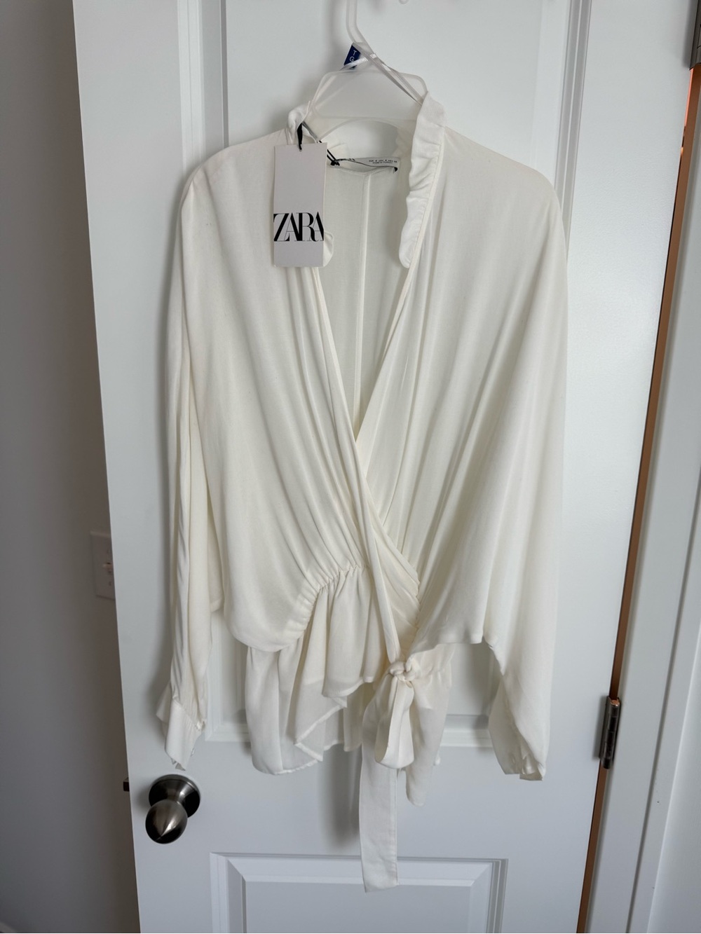 Zara Ivory Wrap-Front Blouse with Tie Detail
